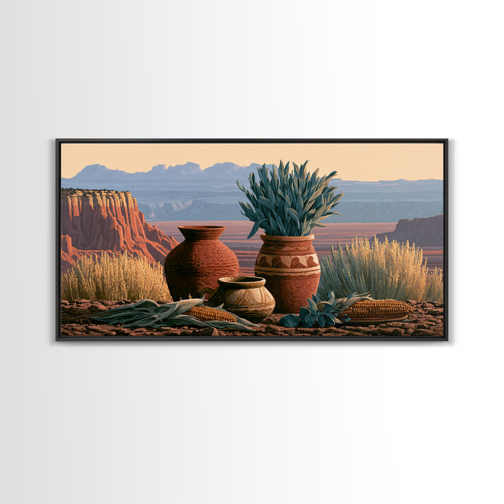 Pueblo Pottery Still Life Framed Canvas Print, Southwestern Art, Prints Wall Art, Southwestern Decor, Fine Art, Mesa, SOU-2x1-91