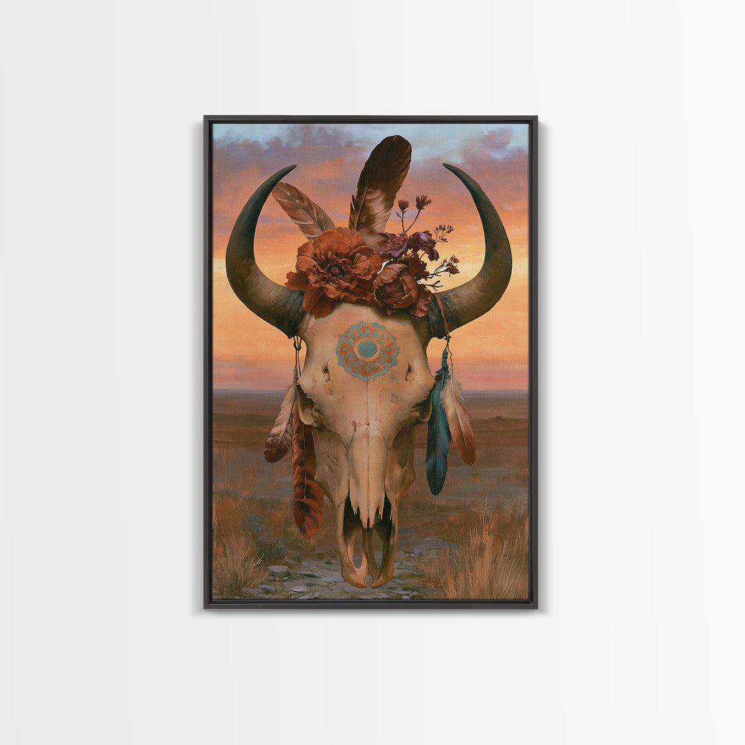 Cow Skull with Desert Flowers and Feathers Canvas Print, Southwestern Art, Southwestern Decor, Watercolor Art, Mesa, SOU-2x3-35