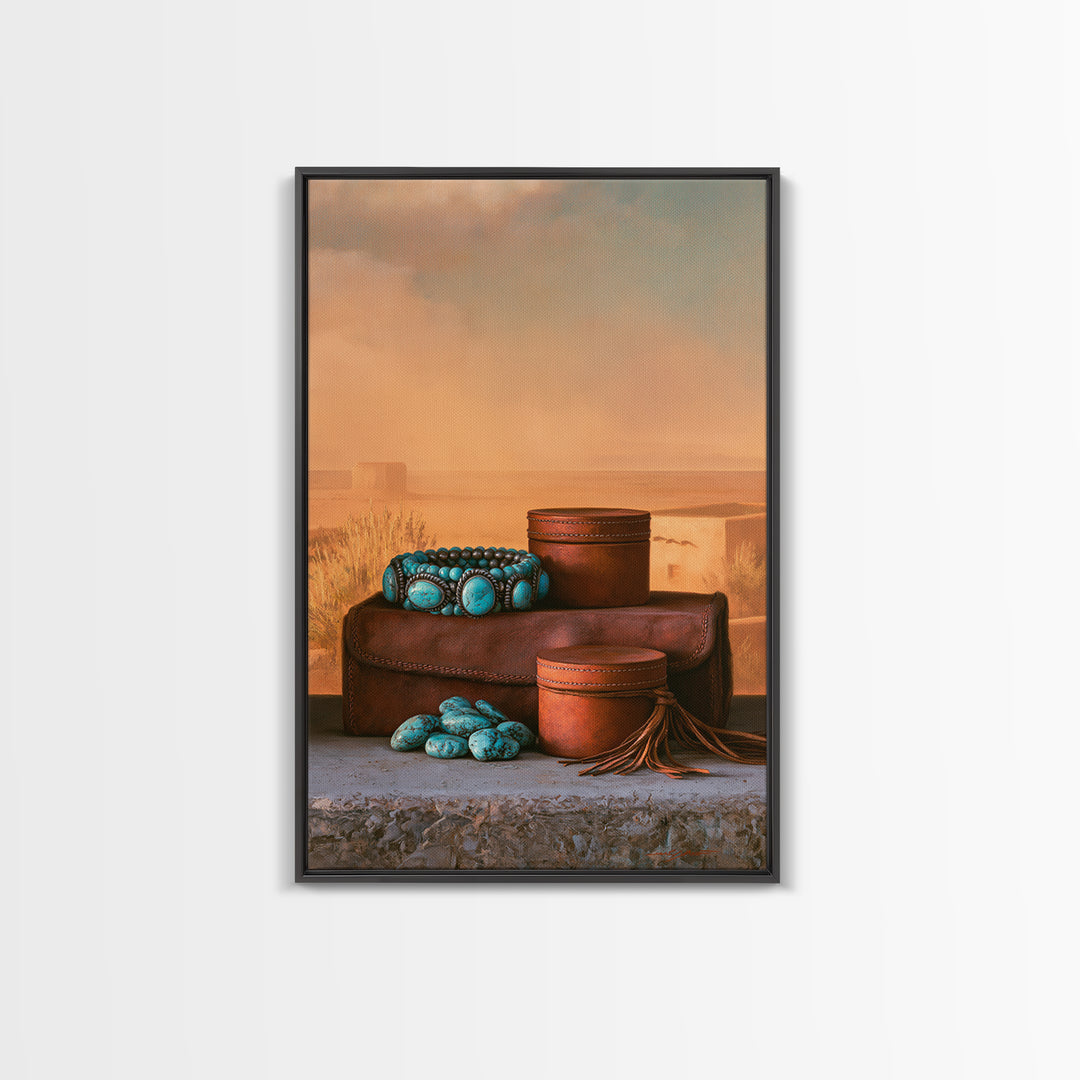 Turquoise Jewelry and Leather Still Life Framed Canvas Print, Southwestern Art, Prints Wall Art, Southwestern Decor, Mesa, SOU-2x3-43