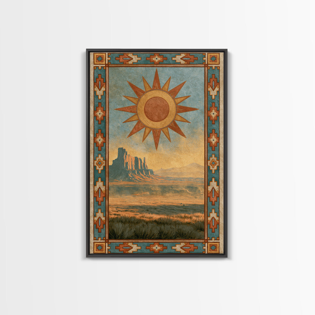 Sun Symbol with Geometric Southwest Border Canvas Print, Southwestern Art, Southwestern Decor, Abstract Art, Mesa, SOU-2x3-5