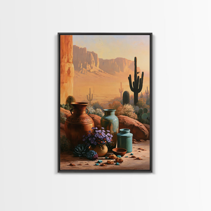 Painted Pottery and Desert Wildflowers Canvas Print, Southwestern Art, Western Wall Art, Southwestern Decor, Watercolor Art, SOU-2x3-96