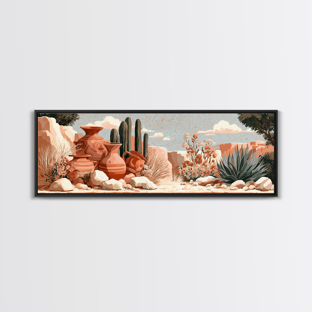 Painted Pottery and Desert Wildflowers Framed Canvas Print, Southwestern Art, Rustic Home Decor, Southwestern Decor, Mesa, SOU-3x1-32
