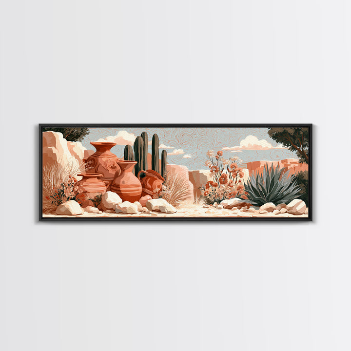 Painted Pottery and Desert Wildflowers Framed Canvas Print, Southwestern Art, Rustic Home Decor, Southwestern Decor, Mesa, SOU-3x1-32