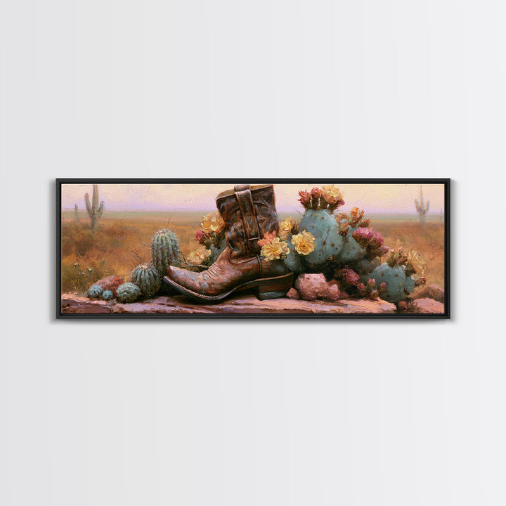 Western Boot with Cactus Blossoms Canvas Print, Southwestern Art, Landscape Art, Southwestern Decor, Mesa, Statement Artwork, SOU-3x1-33