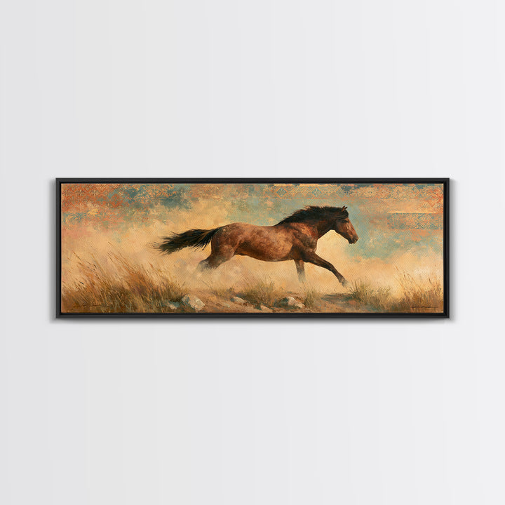 Wild Mustang Running Through Dusty Canyon Canvas Print, Southwestern Art, Landscape Painting, Southwestern Decor, SOU-3x1-46