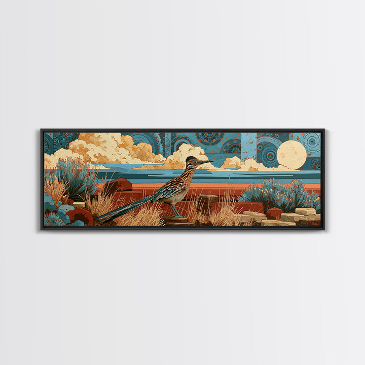 Roadrunner under a Pale Desert Moon Framed Canvas Print, Southwestern Art, Art, Southwestern Decor, Mesa, Boho Wall Decor, SOU-3x1-72