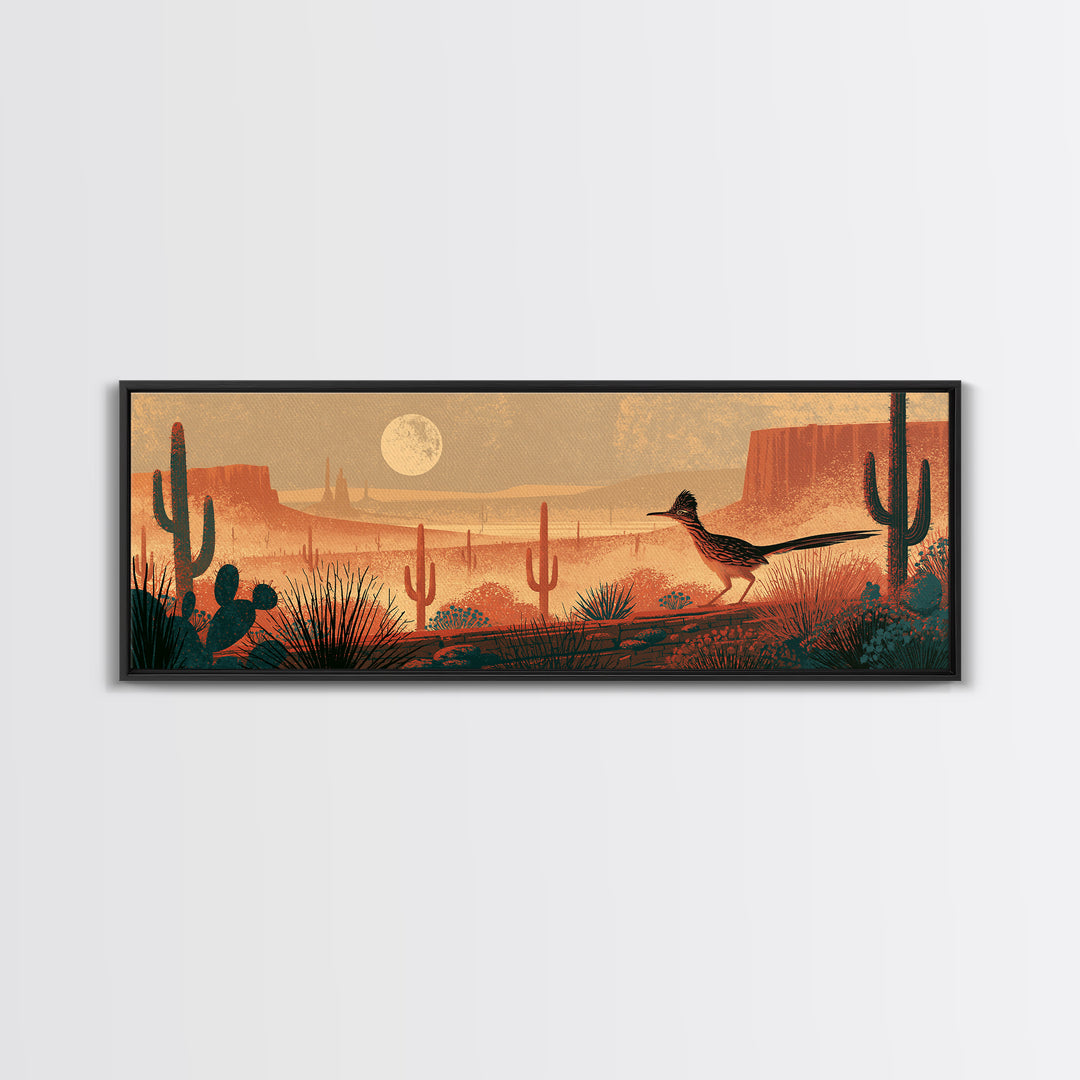 Roadrunner under a Pale Desert Moon Canvas Print, Southwestern Art, Textured Painting, Southwestern Decor, Watercolor Art, Mesa, SOU-3x1-96