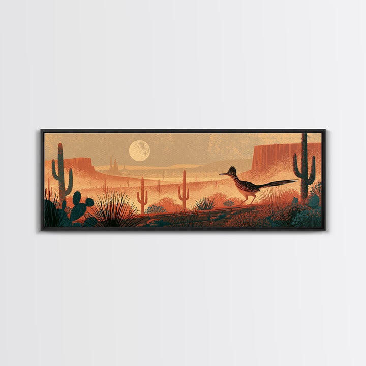 Roadrunner under a Pale Desert Moon Canvas Print, Southwestern Art, Textured Painting, Southwestern Decor, Watercolor Art, Mesa, SOU-3x1-96