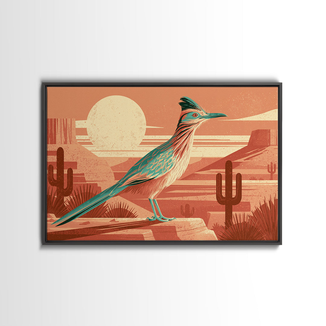 Roadrunner under a Pale Desert Moon Framed Canvas Print, Southwestern Art, Antique Oil Painting, Southwestern Decor, Mesa, SOU-3x2-36