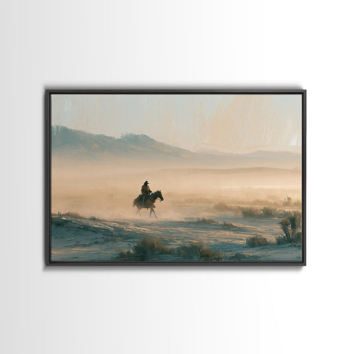 Horse Rider Crossing Desert at Dusk Framed Canvas Print, Southwestern Art, Rustic Home Decor, Southwestern Decor, SOU-3x2-71