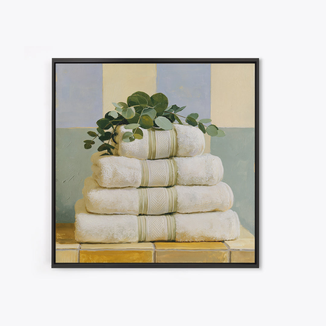 White Towels and Eucalyptus Without Room Context Framed Canvas Print, Spa Art, City Art, Spa Decor, Watercolor Art, Serenity, SPA-1x1-24
