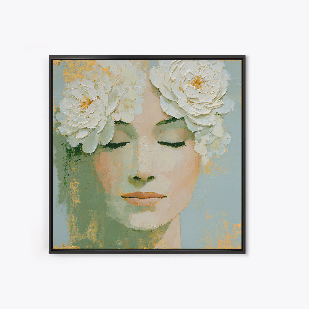 Minimal Face with Closed Eyes and Flowers Framed Canvas Print, Spa Art, Dog Groomer Gifts, Spa Decor, Fine Art, Serenity, SPA-1x1-43