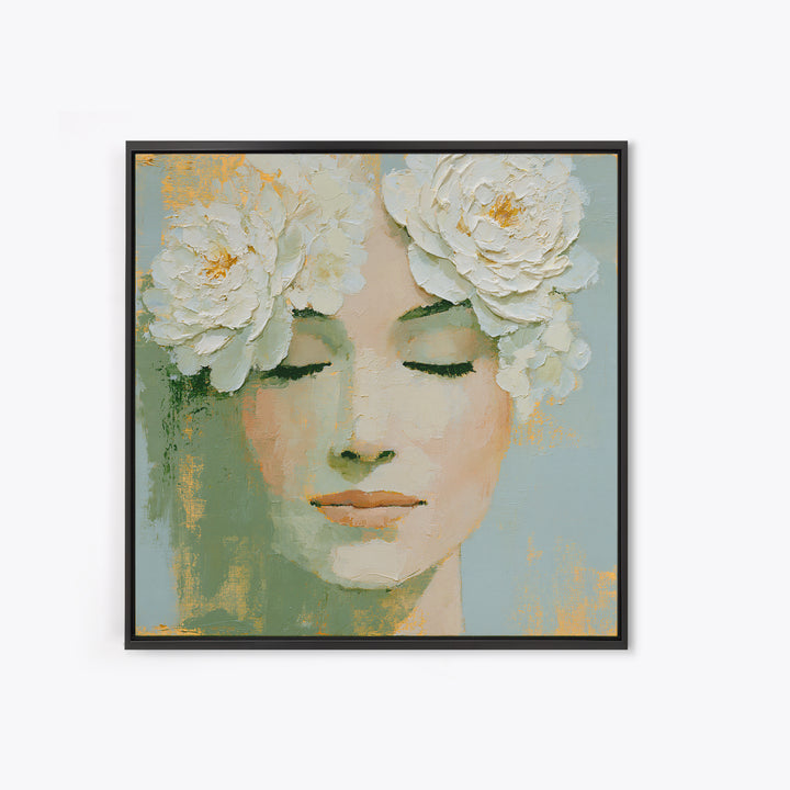 Minimal Face with Closed Eyes and Flowers Framed Canvas Print, Spa Art, Dog Groomer Gifts, Spa Decor, Fine Art, Serenity, SPA-1x1-43