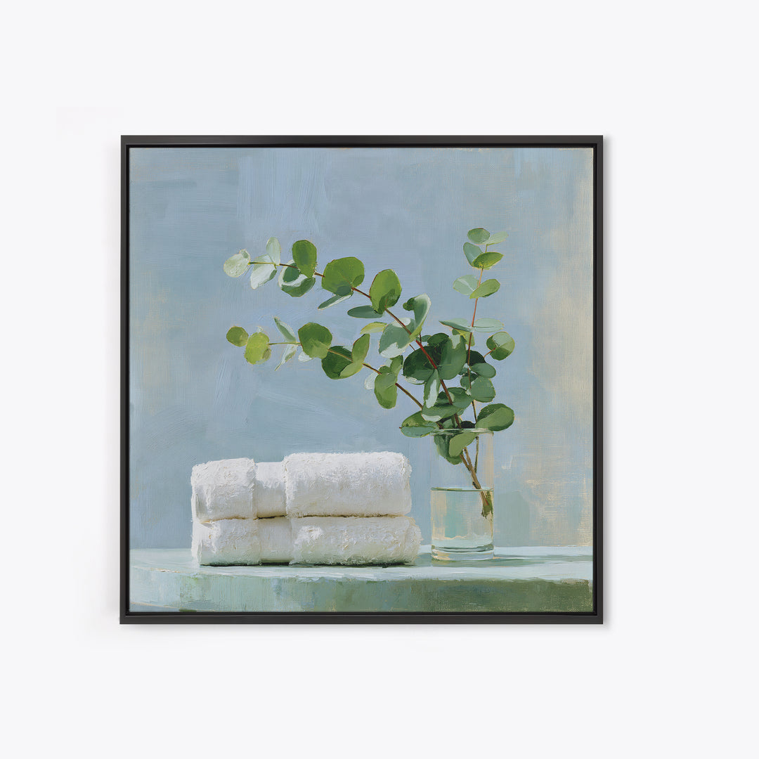 White Towels and Eucalyptus Without Room Context Framed Canvas Print, Spa Art, Wall Decor, Spa Decor, Fine Art, Serenity, SPA-1x1-48