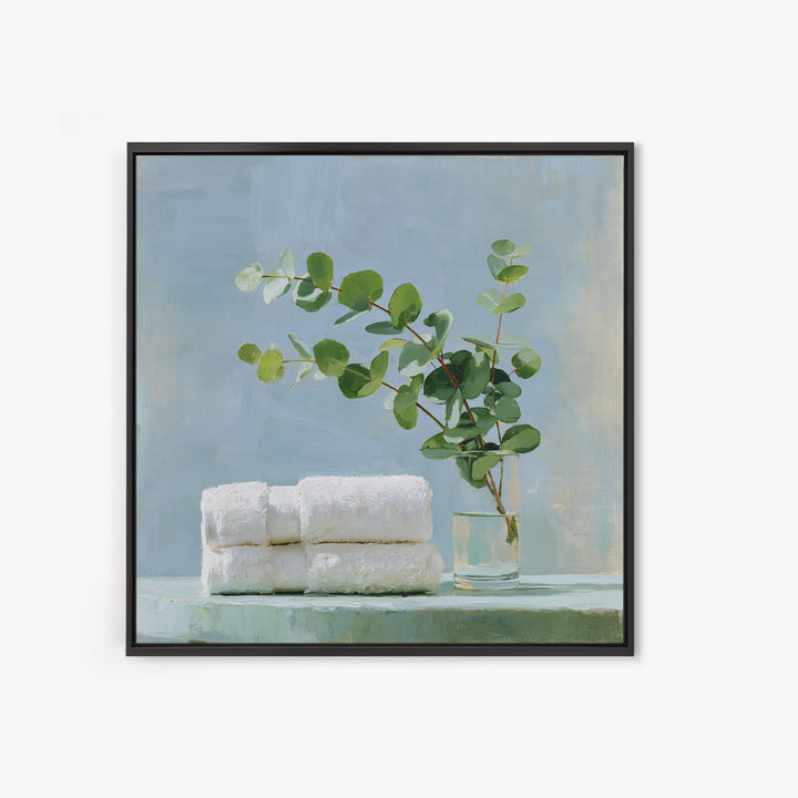 White Towels and Eucalyptus Without Room Context Framed Canvas Print, Spa Art, Wall Decor, Spa Decor, Fine Art, Serenity, SPA-1x1-48