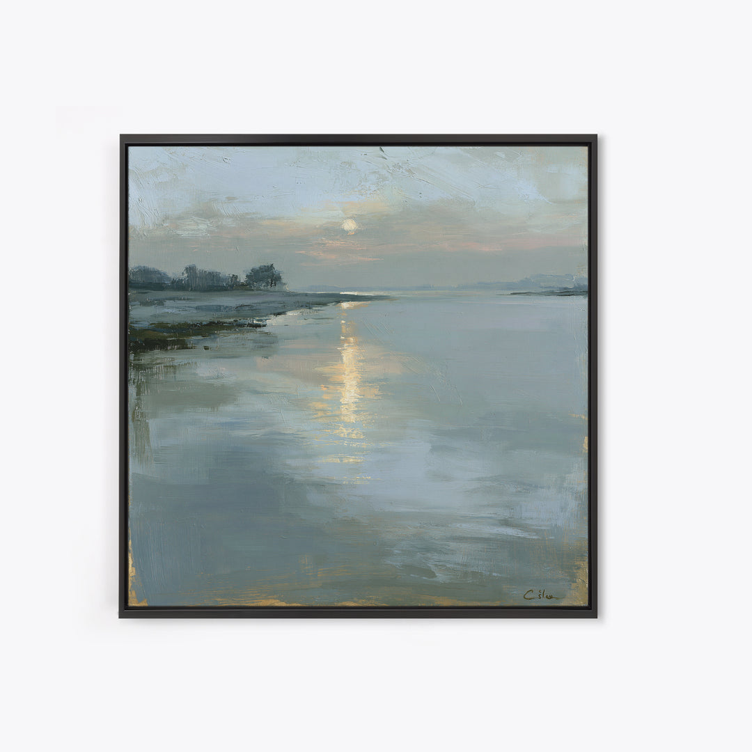 Moonlit Lake Reflection Framed Canvas Print, Spa Art, Tarot Card Art, Spa Decor, Fine Art, Serenity, Textured Painting, SPA-1x1-71