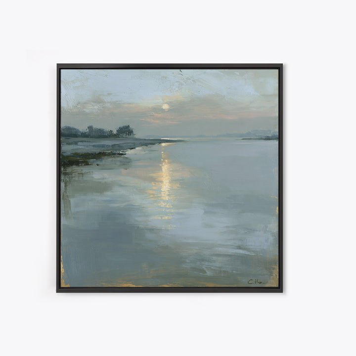 Moonlit Lake Reflection Framed Canvas Print, Spa Art, Tarot Card Art, Spa Decor, Fine Art, Serenity, Textured Painting, SPA-1x1-71