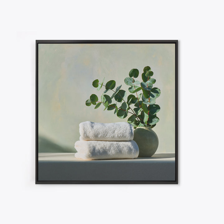 White Towels and Eucalyptus Without Room Context Framed Canvas Print, Spa Art, Wall Art Print, Spa Decor, Fine Art, Serenity, SPA-1x1-96