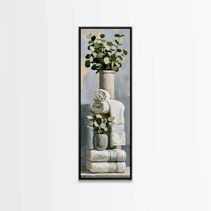 White Towels and Eucalyptus Without Room Context Framed Canvas Print, Spa Art, Wall Art Print, Spa Decor, Fine Art, Serenity, SPA-1x3-36