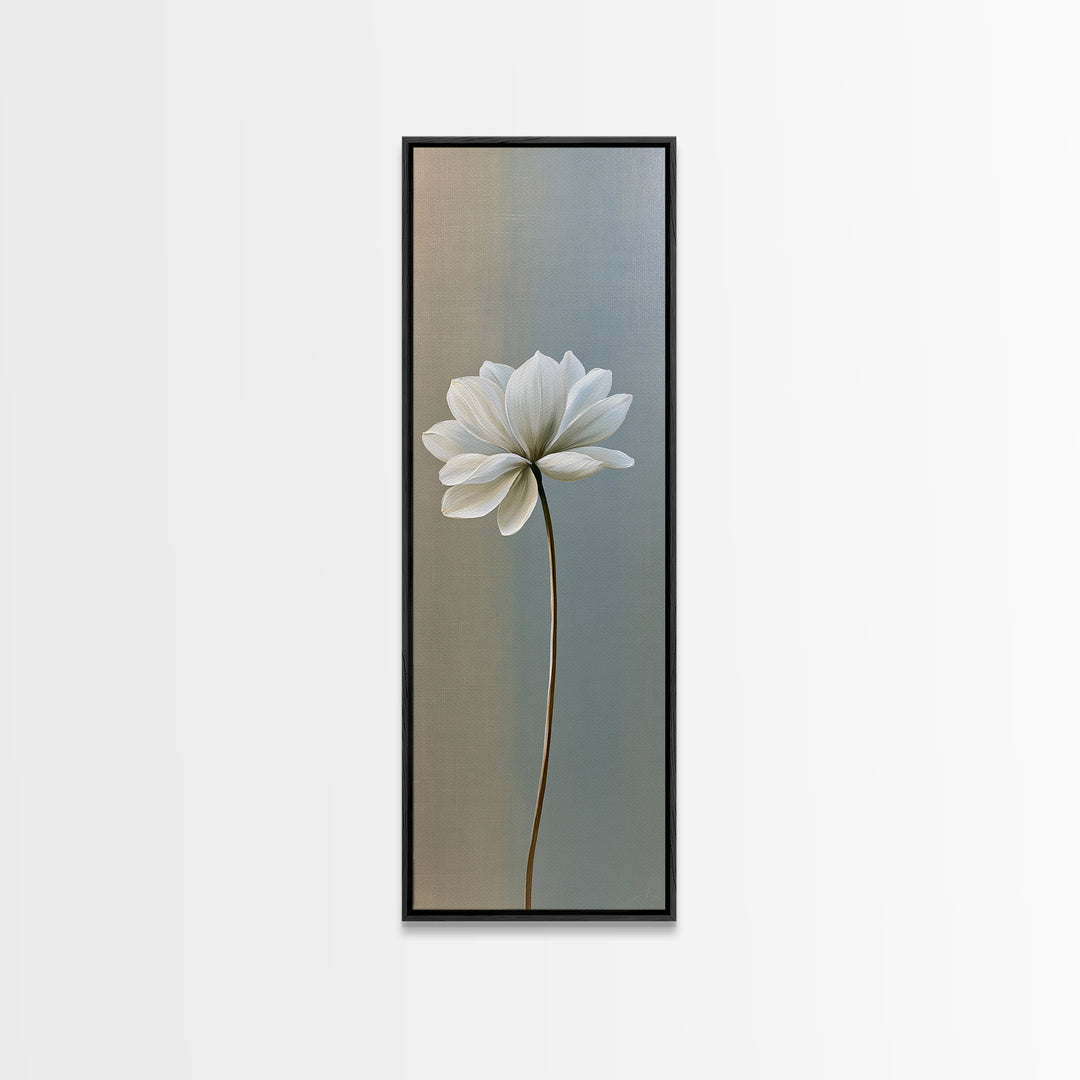 Single White Flower on Linen Ground Framed Canvas Print, Spa Art, Room Decor, Spa Decor, Fine Art, Serenity, Nature Prints, SPA-1x3-53
