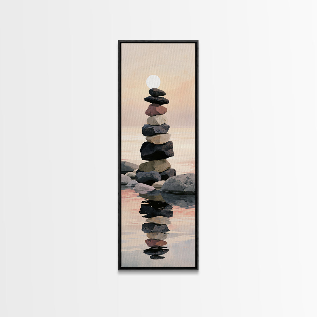 Stacked Stones Beside Calm Water Framed Canvas Print, Spa Art, Printable Wall Art, Spa Decor, Serenity, Feminine Wall Art, SPA-1x3-61