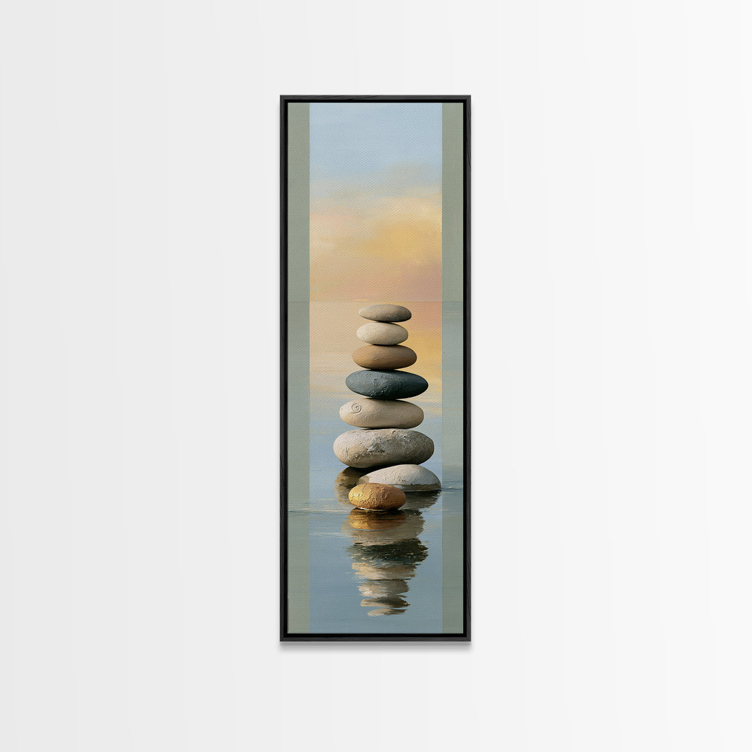 Stacked Stones Beside Calm Water Canvas Print, Spa Art, Travel Poster, Spa Decor, Fine Art, Serenity, Salon Decor, City Art, SPA-1x3-85