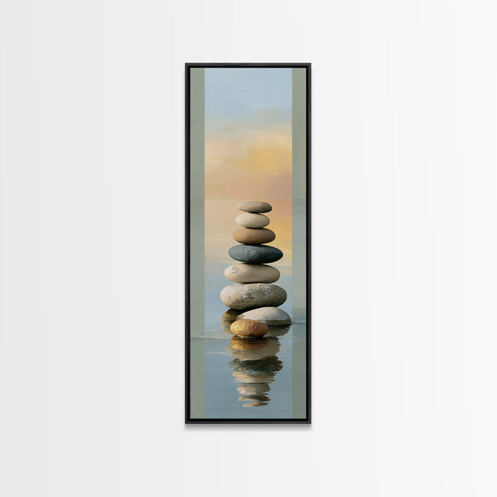 Stacked Stones Beside Calm Water Canvas Print, Spa Art, Travel Poster, Spa Decor, Fine Art, Serenity, Salon Decor, City Art, SPA-1x3-85