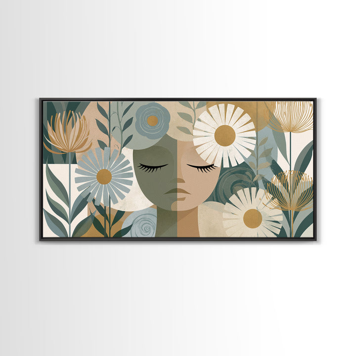 Minimal Face with Closed Eyes and Flowers Framed Canvas Print, Spa Art, Home Decor, Spa Decor, Fine Art, Serenity, Dog Wall Art, SPA-2x1-15