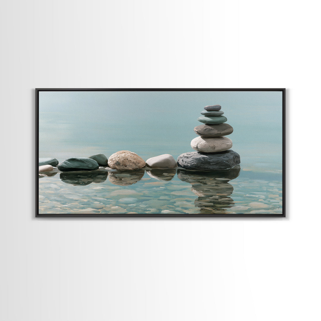Stacked Stones Beside Calm Water Canvas Print, Spa Art, Black Woman Art, Spa Decor, Oil Painting, Serenity, Modern Home Decor, SPA-2x1-21