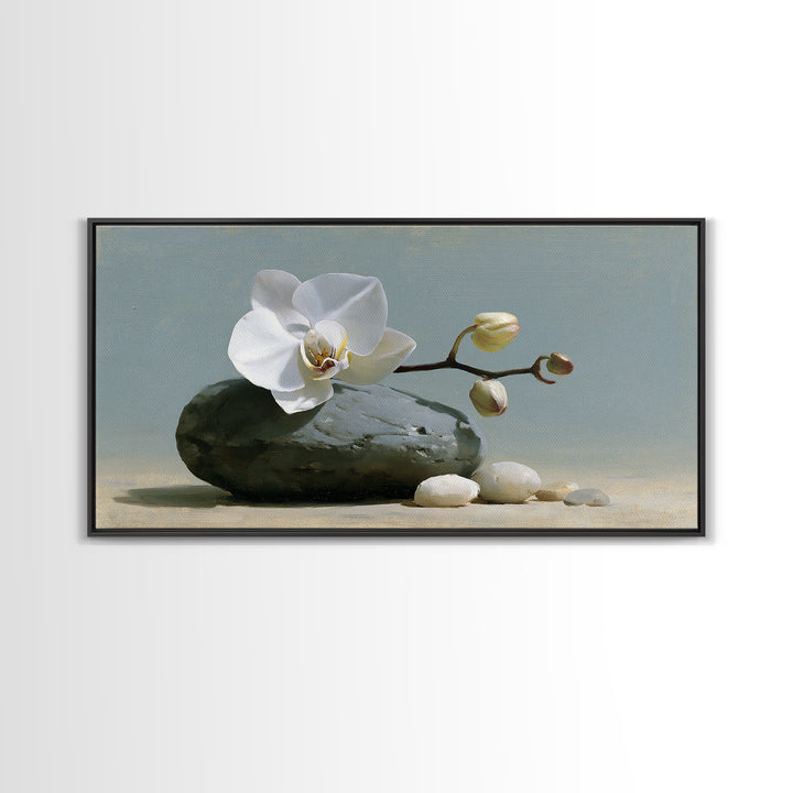 White Orchid on Smooth Gray Stone Canvas Print, Spa Art, Room Decor, Spa Decor, Serenity, Nature Prints, Travel Poster, SPA-2x1-22