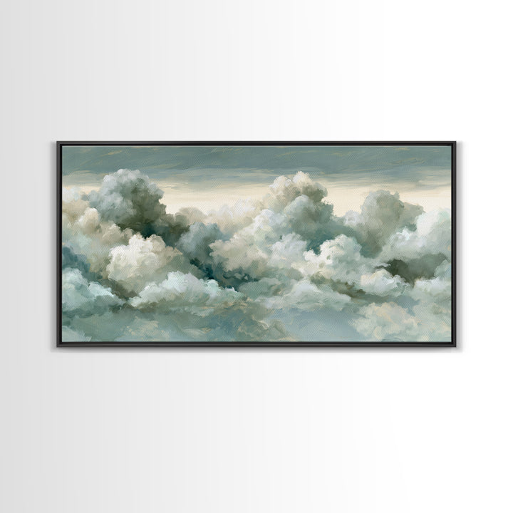 Soft Cloudscape in Cream and Sage Framed Canvas Print, Spa Art, Printable Wall Art, Spa Decor, Serenity, Feminine Wall Art, SPA-2x1-33