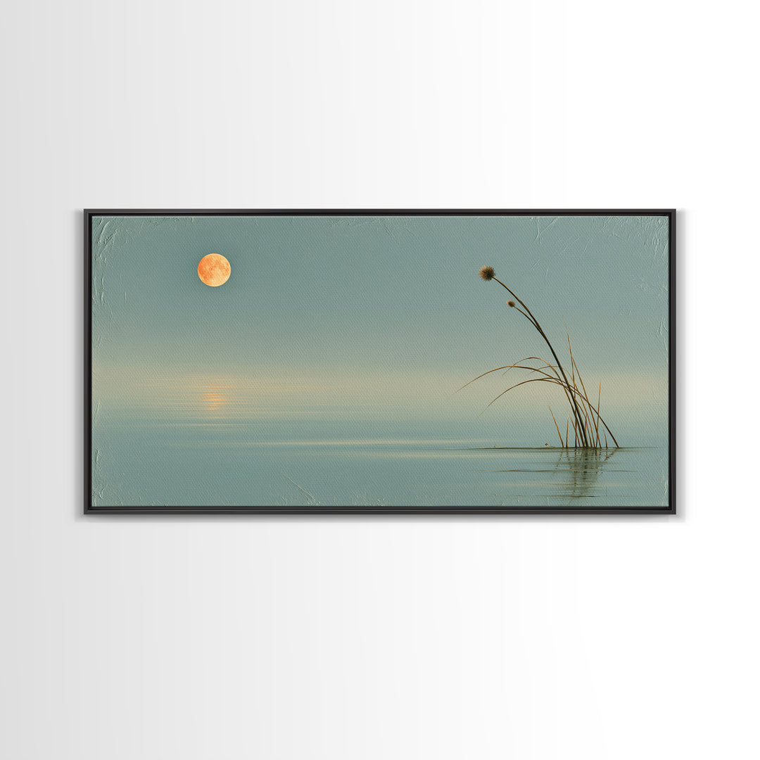 Moonlit Lake Reflection Framed Canvas Print, Spa Art, Botanical Art, Spa Decor, Oil Painting, Serenity, Fashion Wall Art, SPA-2x1-43
