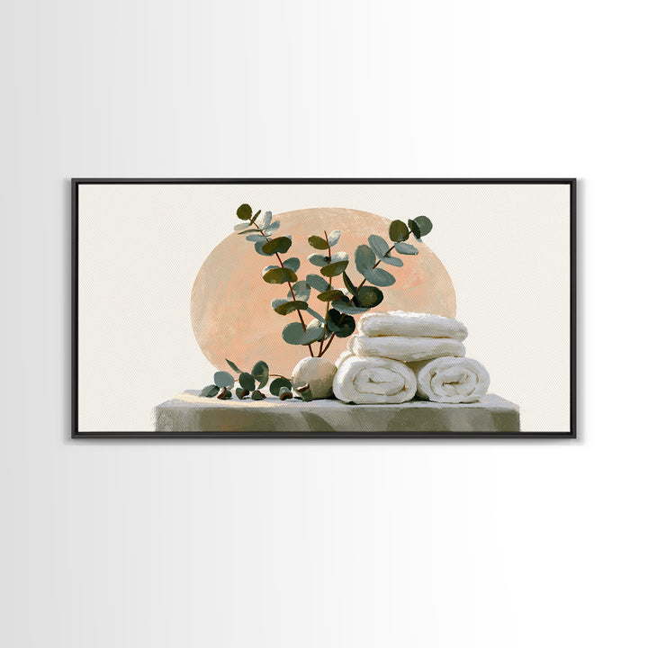White Towels and Eucalyptus Without Room Context Canvas Print, Spa Art, Textured Painting, Spa Decor, Abstract Art, Serenity, SPA-2x1-44