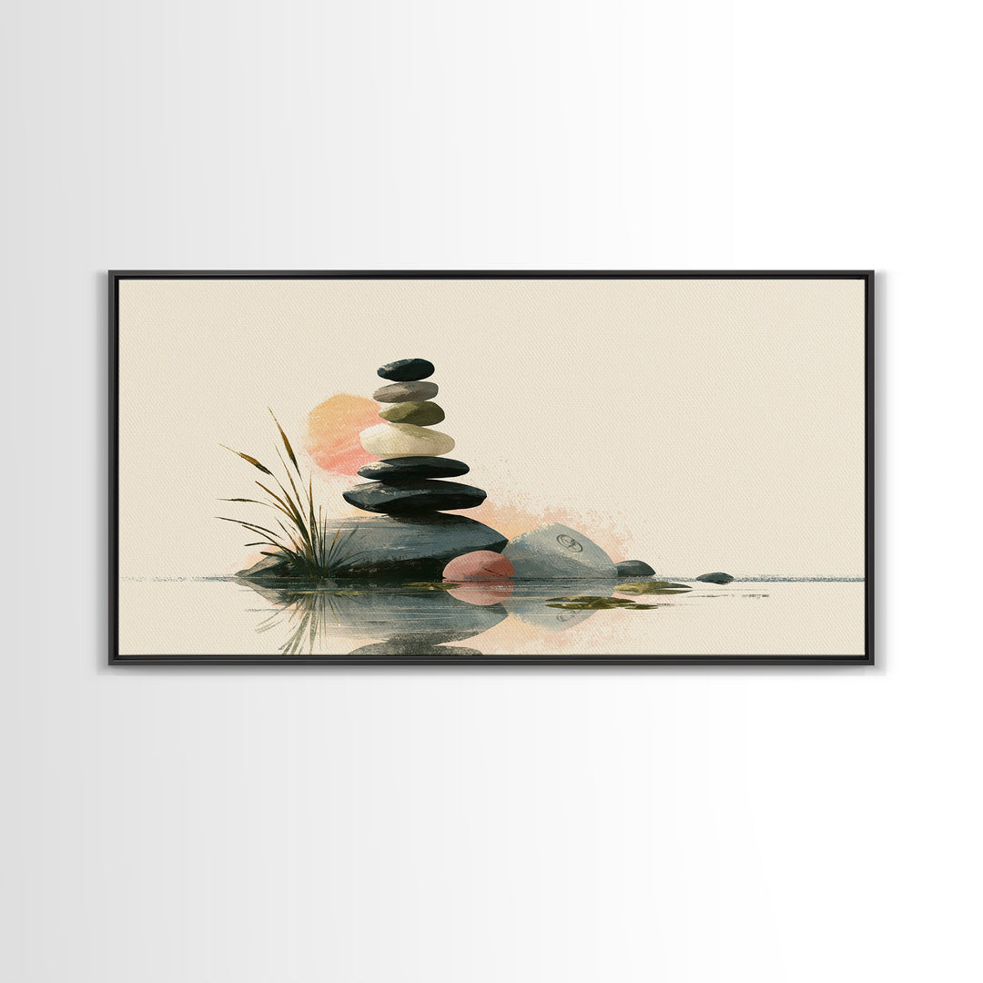 Stacked Stones Beside Calm Water Framed Canvas Print, Spa Art, Spa, Spa Decor, Fine Art, Serenity, Teen Girl Room Decor, SPA-2x1-45