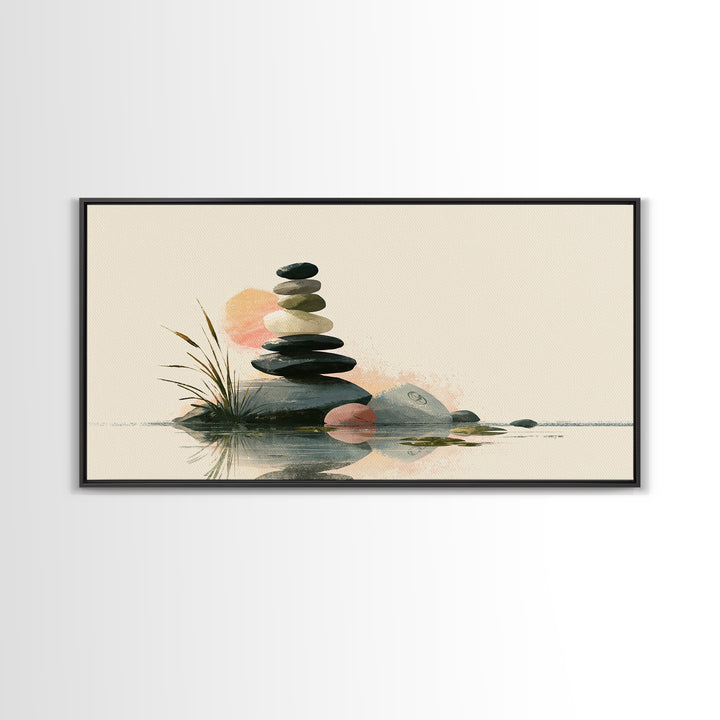 Stacked Stones Beside Calm Water Framed Canvas Print, Spa Art, Spa, Spa Decor, Fine Art, Serenity, Teen Girl Room Decor, SPA-2x1-45