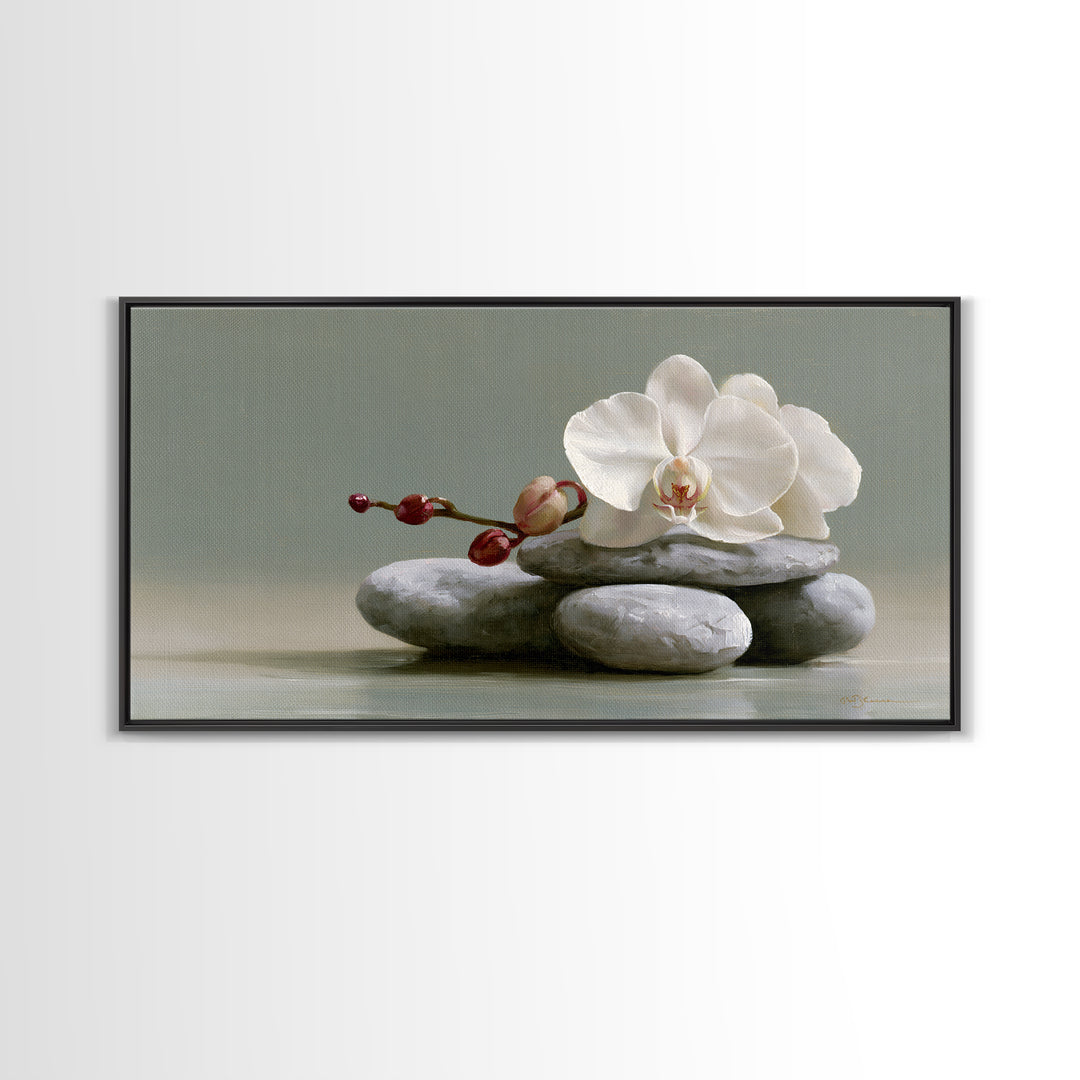 White Orchid on Smooth Gray Stone Framed Canvas Print, Spa Art, Art, Spa Decor, Serenity, Abstract Print, Minimalist Art, SPA-2x1-46