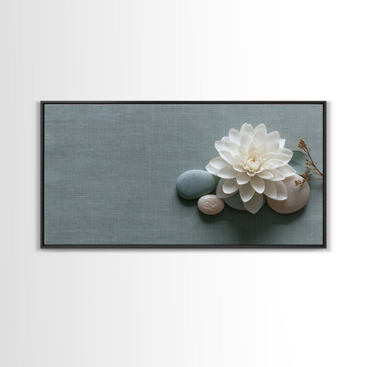 Single White Flower on Linen Ground Canvas Print, Spa Art, Abstract, Spa Decor, Fine Art, Serenity, City Art, Spa Wall Art, SPA-2x1-61