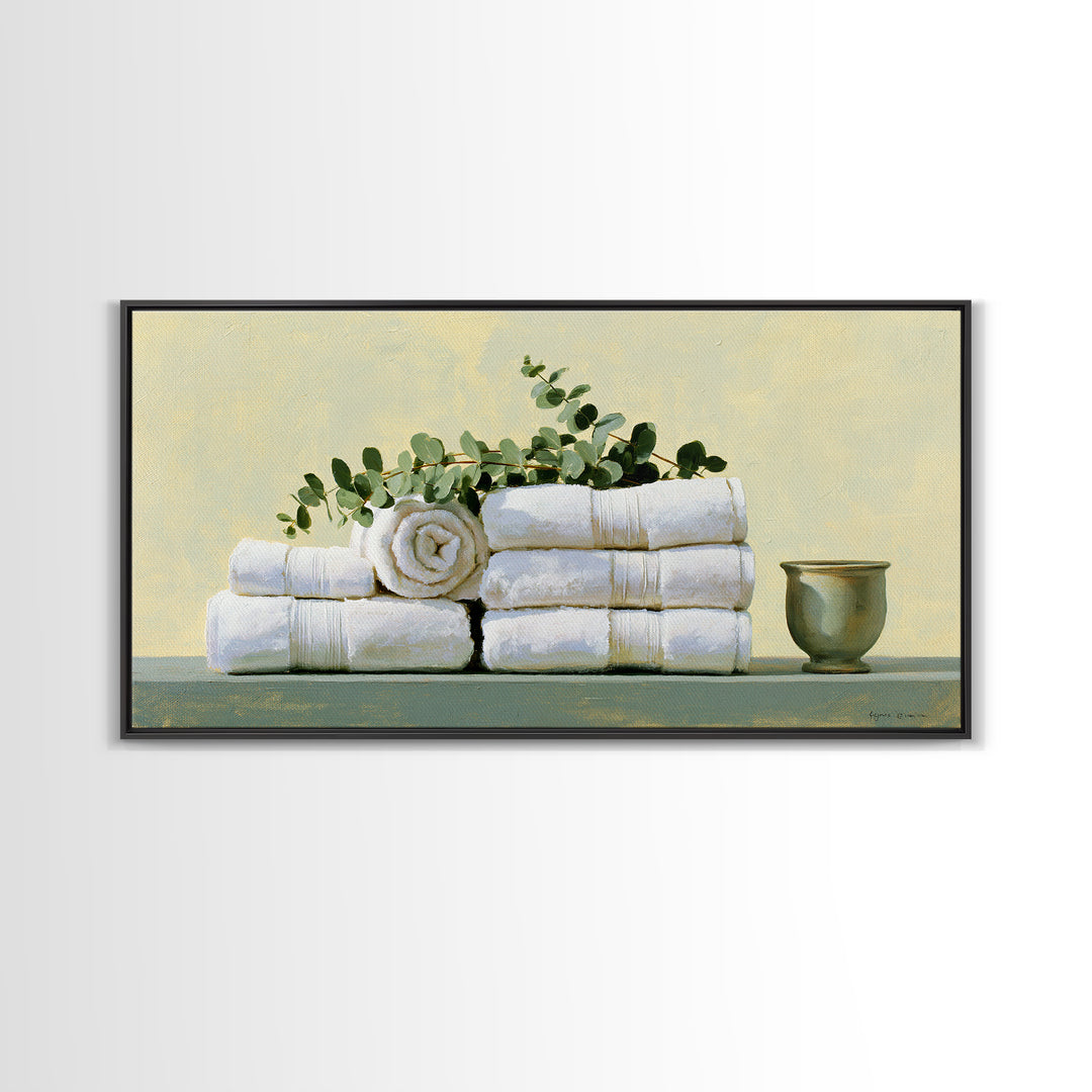 White Towels and Eucalyptus Without Room Context Canvas Print, Spa Art, Nature Prints, Spa Decor, Watercolor Art, Serenity, SPA-2x1-68
