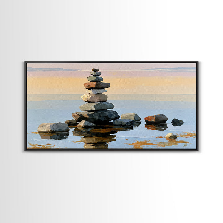 Stacked Stones Beside Calm Water Canvas Print, Spa Art, Animal Art, Spa Decor, Fine Art, Serenity, Gallery Decor, Neutral Decor, SPA-2x1-69