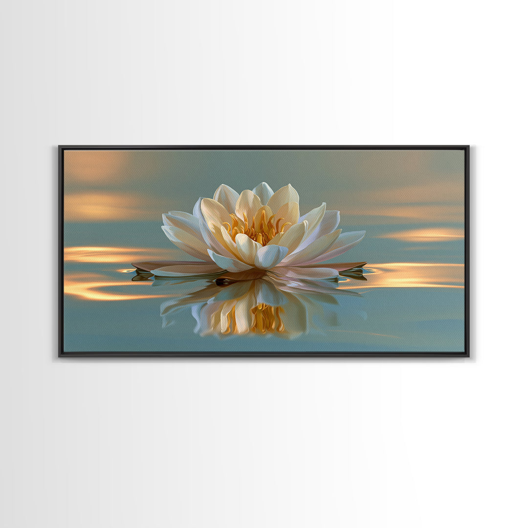 Lotus Flower Floating on Still Pond Framed Canvas Print, Spa Art, Travel Poster, Spa Decor, Watercolor Art, Serenity, SPA-2x1-72
