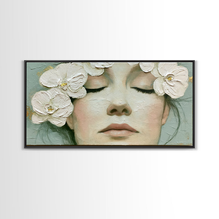 Minimal Face with Closed Eyes and Flowers Framed Canvas Print, Spa Art, Spa Wall Art, Spa Decor, Watercolor Art, Serenity, SPA-2x1-87