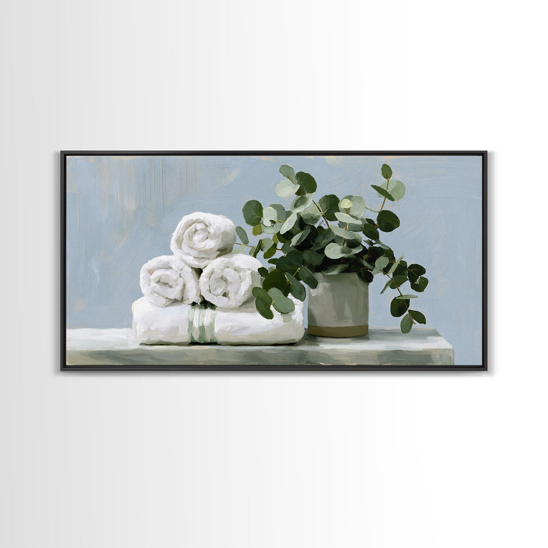 White Towels and Eucalyptus Without Room Context Framed Canvas Print, Spa Art, Abstract Print, Spa Decor, Oil Painting, SPA-2x1-92