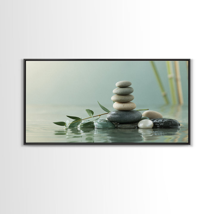 Stacked Stones Beside Calm Water Canvas Print, Spa Art, Animal Art, Spa Decor, Fine Art, Serenity, Gallery Decor, Neutral Decor, SPA-2x1-93