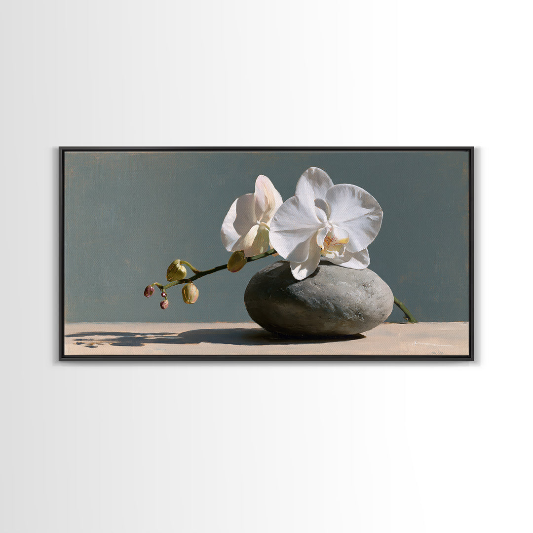 White Orchid on Smooth Gray Stone Canvas Print, Spa Art, Botanical Art, Spa Decor, Fine Art, Serenity, Fashion Wall Art, SPA-2x1-94