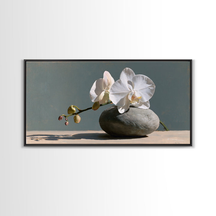 White Orchid on Smooth Gray Stone Canvas Print, Spa Art, Botanical Art, Spa Decor, Fine Art, Serenity, Fashion Wall Art, SPA-2x1-94