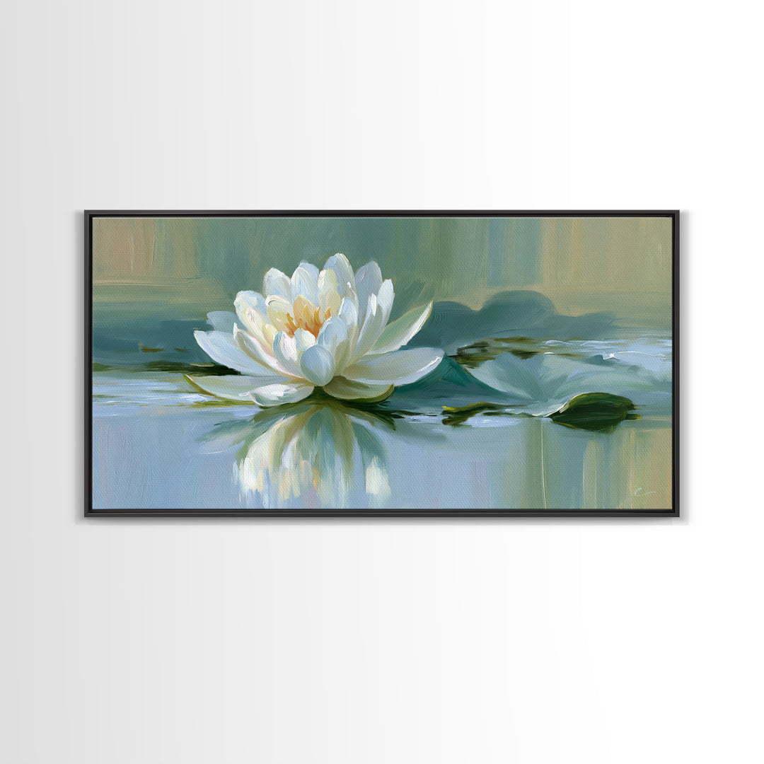 Lotus Flower Floating on Still Pond Framed Canvas Print, Spa Art, Dog Groomer Gifts, Spa Decor, Serenity, Fine Art Print, SPA-2x1-96