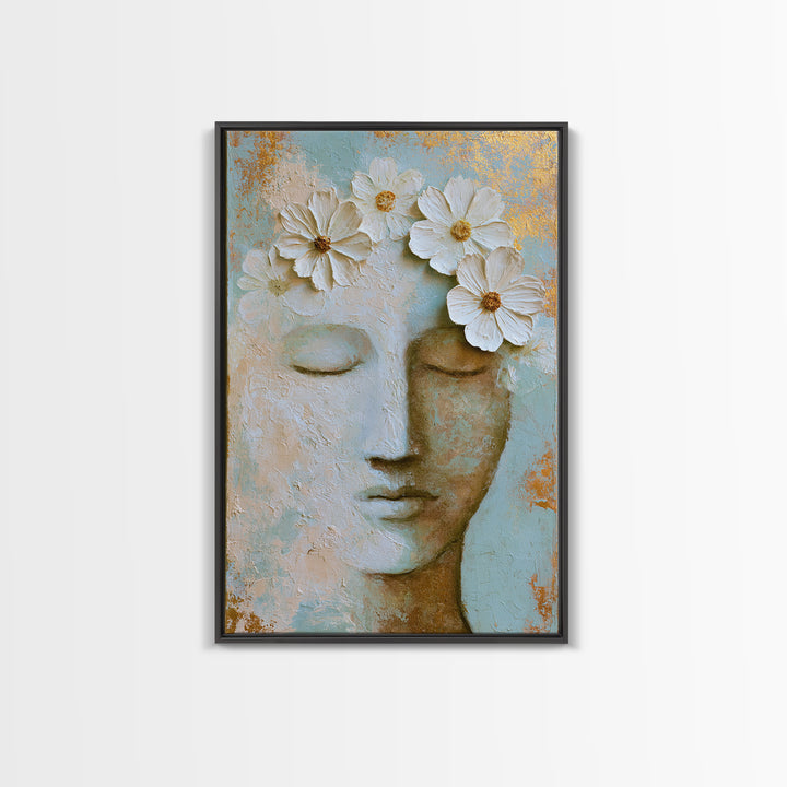 Minimal Face with Closed Eyes and Flowers Framed Canvas Print, Spa Art, Art Print, Spa Decor, Watercolor Art, Serenity, SPA-2x3-3