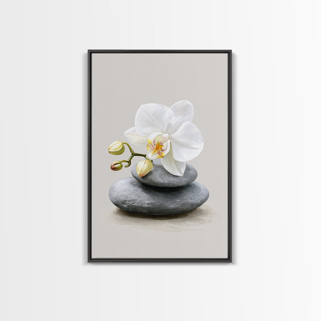 White Orchid on Smooth Gray Stone Canvas Print, Spa Art, Abstract, Spa Decor, Fine Art, Serenity, City Art, Spa Wall Art, SPA-2x3-58
