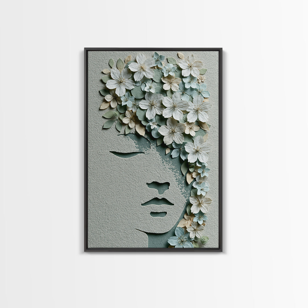 Minimal Face with Closed Eyes and Flowers Canvas Print, Spa Art, Spa Wall Art, Spa Decor, Watercolor Art, Serenity, SPA-2x3-99
