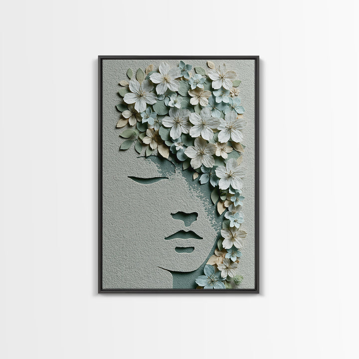 Minimal Face with Closed Eyes and Flowers Canvas Print, Spa Art, Spa Wall Art, Spa Decor, Watercolor Art, Serenity, SPA-2x3-99